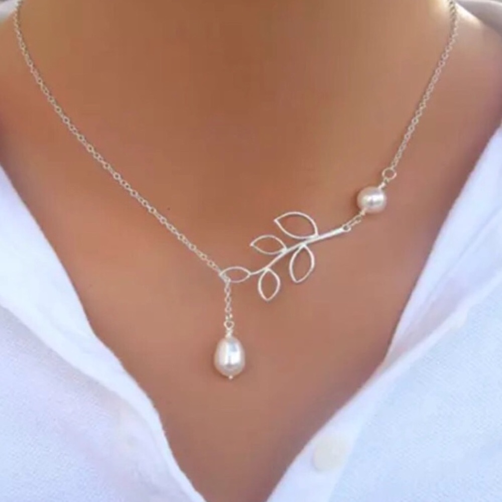 Silver Branch Pearl Drop Necklace
